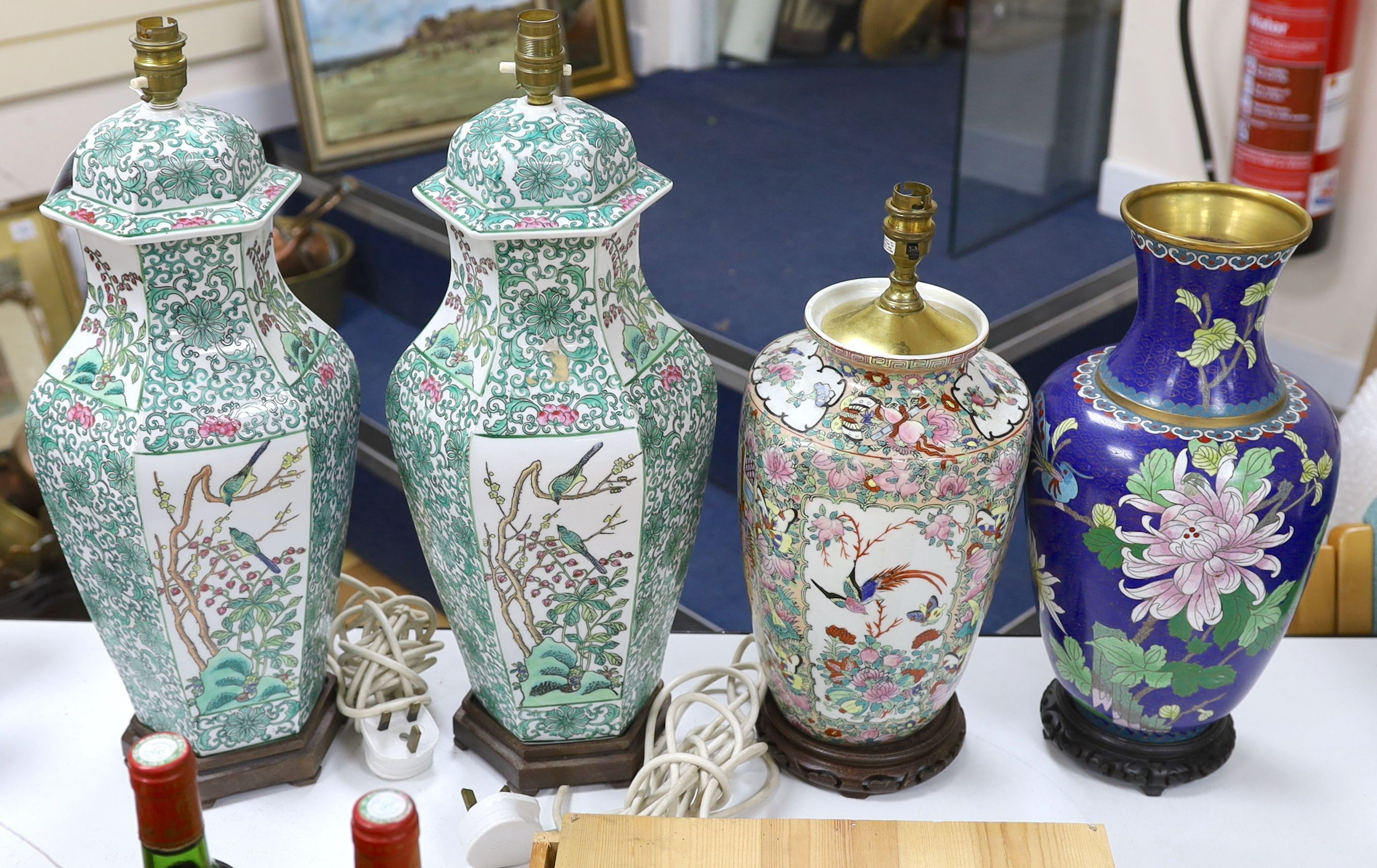 A pair modern Chinese famille rose verte vase lamps, 53cm tall, a famille rose example and Cloisonne vase (4)